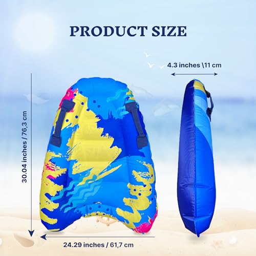 Kids Inflatable Surf Body Board with Handles and New Push-Button Valve, Lightweight Swimming Floating Surfboard Aid Mat Learn to Swim, Beach Safety Theme Surfing with Bonus Case for Board