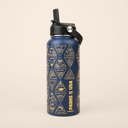 Wondery Original National Parks of the USA Bucket List Travel Water Bottle with Waterproof Stickers and Straw | Ocean 32 oz Screen Printed | Insulated Stainless Steel Vacuum Sealed | Leak Proof