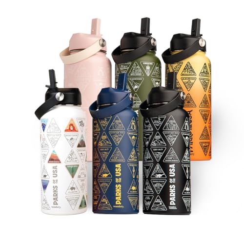 Wondery Original National Parks of the USA Bucket List Travel Water Bottle with Waterproof Stickers and Straw | Ocean 32 oz Screen Printed | Insulated Stainless Steel Vacuum Sealed | Leak Proof