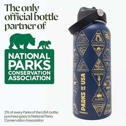 Wondery Original National Parks of the USA Bucket List Travel Water Bottle with Waterproof Stickers and Straw | Ocean 32 oz Screen Printed | Insulated Stainless Steel Vacuum Sealed | Leak Proof