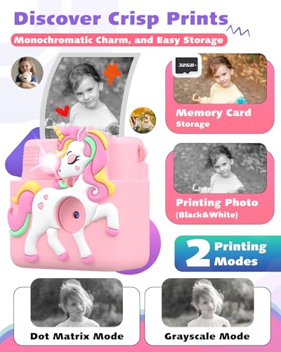 Kids Instant Print Camera, 2.4 Inch Screen 1080P Kids Camera for Girls with Flash, Christmas Birthday Gifts for Girls 3 4 5 6 7 8 9 10 Year Old with 3 Rolls of Photo Paper and a 32G Card