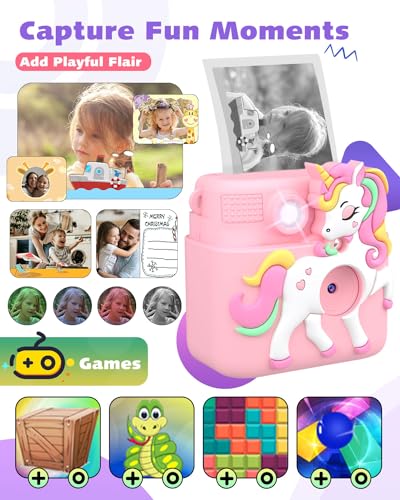 Kids Instant Print Camera, 2.4 Inch Screen 1080P Kids Camera for Girls with Flash, Christmas Birthday Gifts for Girls 3 4 5 6 7 8 9 10 Year Old with 3 Rolls of Photo Paper and a 32G Card