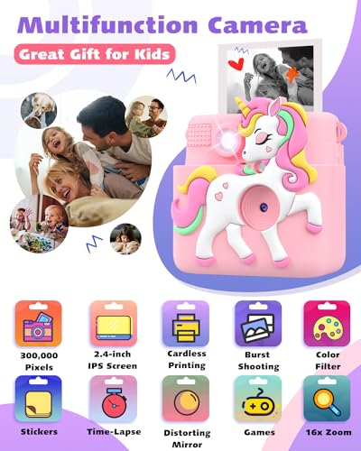 Kids Instant Print Camera, 2.4 Inch Screen 1080P Kids Camera for Girls with Flash, Christmas Birthday Gifts for Girls 3 4 5 6 7 8 9 10 Year Old with 3 Rolls of Photo Paper and a 32G Card