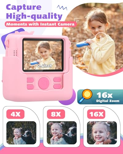 Kids Instant Print Camera, 2.4 Inch Screen 1080P Kids Camera for Girls with Flash, Christmas Birthday Gifts for Girls 3 4 5 6 7 8 9 10 Year Old with 3 Rolls of Photo Paper and a 32G Card