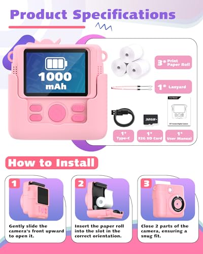 Kids Instant Print Camera, 2.4 Inch Screen 1080P Kids Camera for Girls with Flash, Christmas Birthday Gifts for Girls 3 4 5 6 7 8 9 10 Year Old with 3 Rolls of Photo Paper and a 32G Card