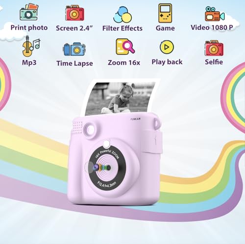 Instant Print Camera for Kids - 2.4" HD 1080P - with 32GB SD Card, 5 Markers, Stickers, 5 Paper Rolls, Lanyard. Camera Boys and Girls from 3 to 14 Years Old. (Purple)