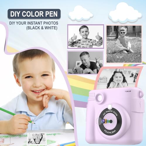 Instant Print Camera for Kids - 2.4" HD 1080P - with 32GB SD Card, 5 Markers, Stickers, 5 Paper Rolls, Lanyard. Camera Boys and Girls from 3 to 14 Years Old. (Purple)