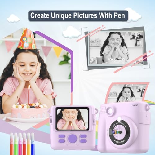 Instant Print Camera for Kids - 2.4" HD 1080P - with 32GB SD Card, 5 Markers, Stickers, 5 Paper Rolls, Lanyard. Camera Boys and Girls from 3 to 14 Years Old. (Purple)