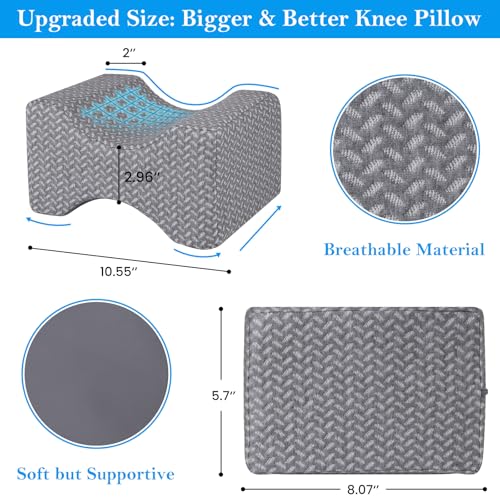 BlissTrends Memory Foam Knee Pillow, Knee Pillow for Side Sleepers, Leg Pillows for Sleeping, Elevation Pillow for Relief Twisted Spine, Sciatica, Leg Numbness, Back, Joint, Hip, Surgery Pain, Grey