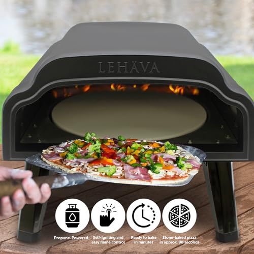 Flame King LEHAVA 14-inch, 360 Degree Rotating Non-Stick Pizza Stone, Portable Outdoor Propane Pizza Oven Countertop with Cover Bag, Piezo Auto Ignition for Camping, Backyard, and Tailgating