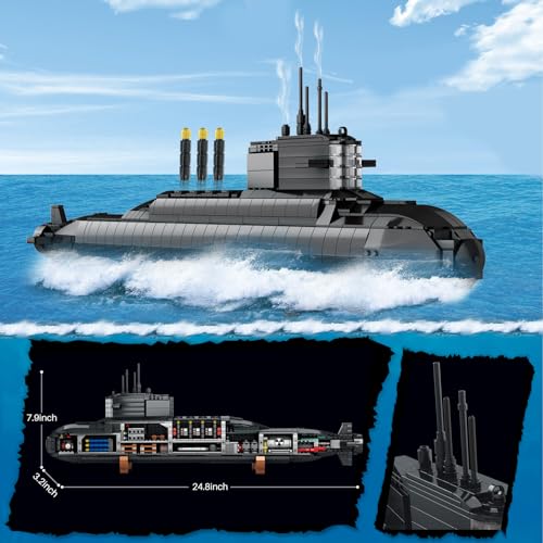 Strategic Nuclear Submarine Building Toy Set with Lights, WW2 Military Battleship Army War Vehicles Historical Collection Model, Gifts for 10, 12, 14, 16+ Year Old Kid, Teens, Adults Home Office Decor