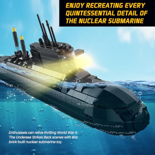 Strategic Nuclear Submarine Building Toy Set with Lights, WW2 Military Battleship Army War Vehicles Historical Collection Model, Gifts for 10, 12, 14, 16+ Year Old Kid, Teens, Adults Home Office Decor