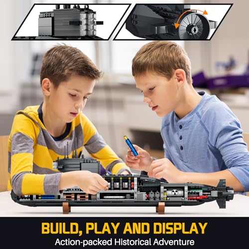 Strategic Nuclear Submarine Building Toy Set with Lights, WW2 Military Battleship Army War Vehicles Historical Collection Model, Gifts for 10, 12, 14, 16+ Year Old Kid, Teens, Adults Home Office Decor