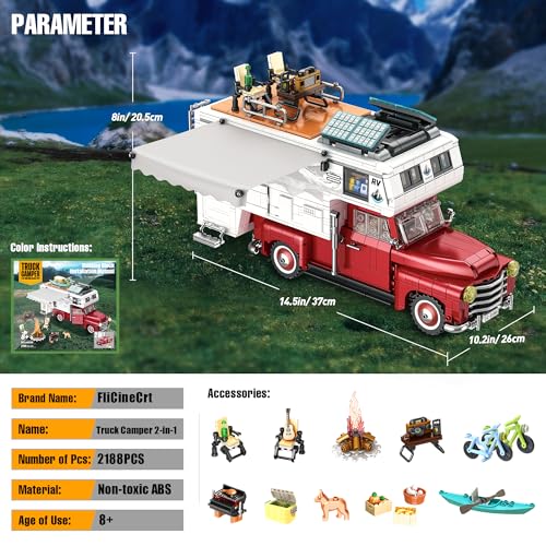 Car Building Block, 2-in-1 Camper Van Building and Farm Pickup Truck Building Set Toy forAdult and Teens, Retro Rvs Building Block Kit Set, 2188pcs