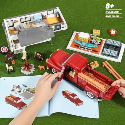 Car Building Block, 2-in-1 Camper Van Building and Farm Pickup Truck Building Set Toy forAdult and Teens, Retro Rvs Building Block Kit Set, 2188pcs