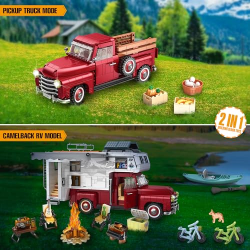 Car Building Block, 2-in-1 Camper Van Building and Farm Pickup Truck Building Set Toy forAdult and Teens, Retro Rvs Building Block Kit Set, 2188pcs