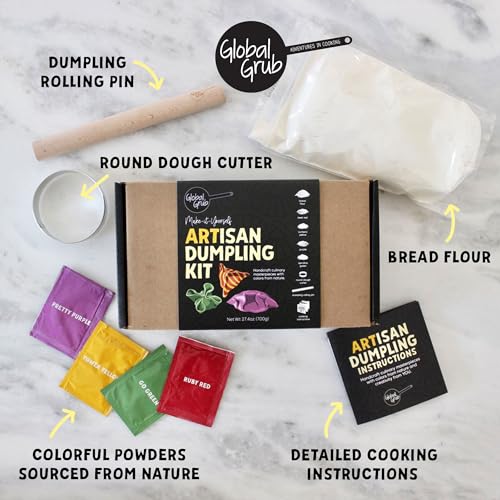 Global Grub ARTisan Gourmet DIY Dumpling Kit with Ingredients, Dumpling Rolling Pin and Dumpling Cutter. Fun and Creative Cooking Kit Makes 80 Homemade Dumplings – Unique Cooking Gift