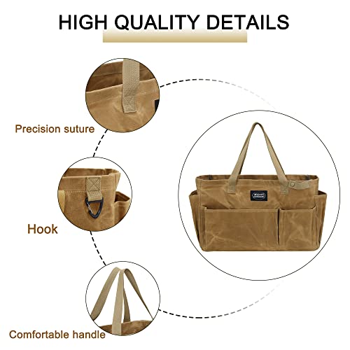 Portable Garden Camping Tool Storage Bag,Waxed Canvas Firewood Carrier Tote bag,Collapsible Sturdy Garden Basket Great for Women, Gardener, Electrician, Repairer (Khaki)