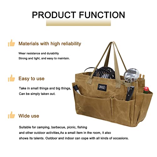 Portable Garden Camping Tool Storage Bag,Waxed Canvas Firewood Carrier Tote bag,Collapsible Sturdy Garden Basket Great for Women, Gardener, Electrician, Repairer (Khaki)