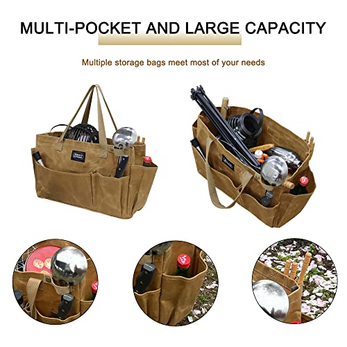 Portable Garden Camping Tool Storage Bag,Waxed Canvas Firewood Carrier Tote bag,Collapsible Sturdy Garden Basket Great for Women, Gardener, Electrician, Repairer (Khaki)