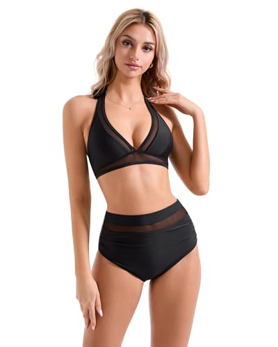 SUUKSESS Women Sexy High Waist Bikini Sets Mesh Tummy Control 2 Piece Swimsuits