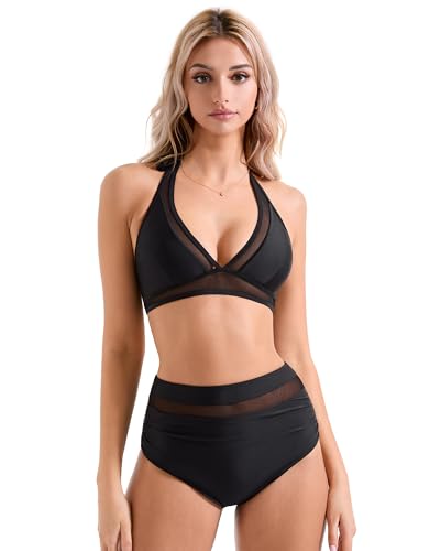 SUUKSESS Women Sexy High Waist Bikini Sets Mesh Tummy Control 2 Piece Swimsuits