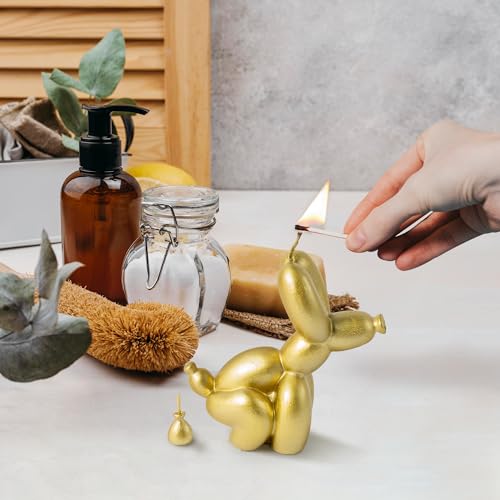 6sisc 2Pcs Pooping Balloon Dog Shaped Scented Foil Gold Candles Funny Gift Danish Pastel Room Aesthetic Decor Pine Fragrance Aromatherapy Candle Handmade Natural Soy Wax for Home Bedroom 3.9 x 4.1 in