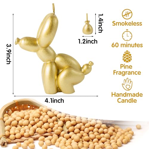 6sisc 2Pcs Pooping Balloon Dog Shaped Scented Foil Gold Candles Funny Gift Danish Pastel Room Aesthetic Decor Pine Fragrance Aromatherapy Candle Handmade Natural Soy Wax for Home Bedroom 3.9 x 4.1 in