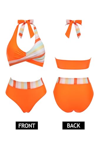 AI'MAGE Women's High Waisted Bikini Sets Tummy Control Swimsuits 2024 Two Piece Bathing Suits Color Block Halter Swim Suits