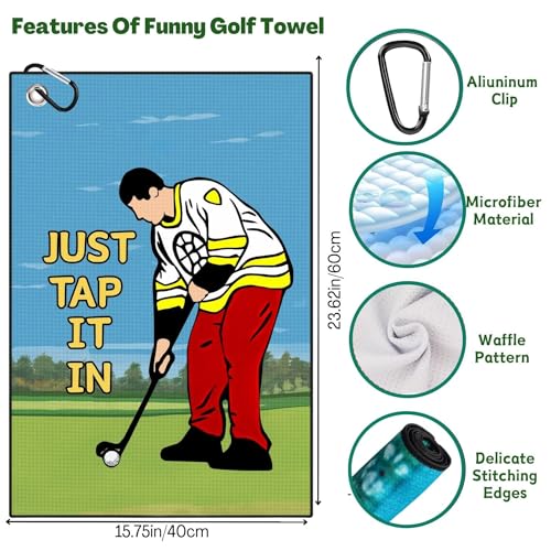 Funny Printed Golf Towel, Funny Golf Towel for Golf Bags with Clip, Golf Gift for Men Husband Boyfriend Dad, Birthday, Cristmas Gifts for Golf Fan - Just Tap It in