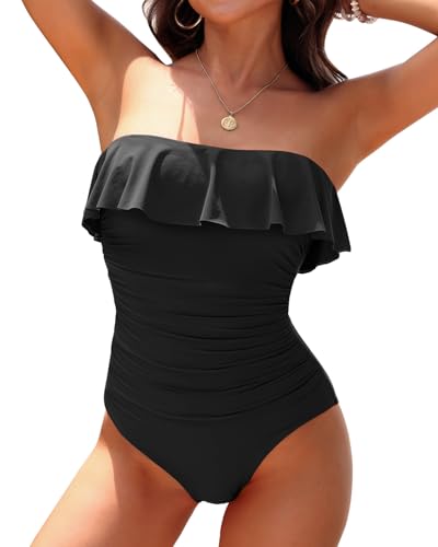 Holipick Strapless One Piece Swimsuits for Women Tummy Control Bandeau Bathing Suits Ruffle Slimming Swimwear