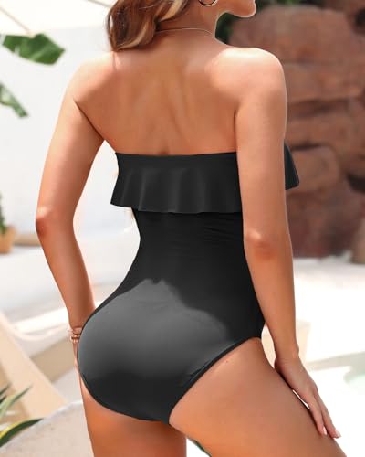 Holipick Strapless One Piece Swimsuits for Women Tummy Control Bandeau Bathing Suits Ruffle Slimming Swimwear