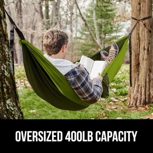 Gorilla Grip Durable Portable Camping Hammock, Holds 400lbs with Heavy Duty Tree Straps, Comfortable Travel Swing, Camp Hammocks, Easy to Use and Install, Outdoor Essentials, Green, 9x4.5 FT