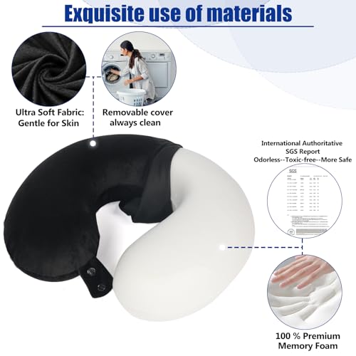 SAIREIDER Travel Pillow 100% Pure Memory Foam Travel Neck Pillow, Airplane Pillow for Traveling、Car、Home、Office，Washable Cover（Black）