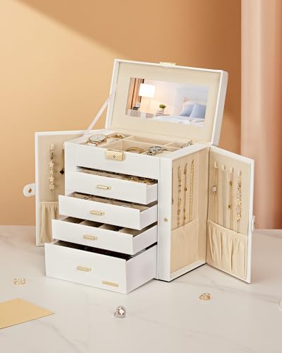 Homde Synthetic Leather Huge Jewelry Box Mirrored Watch Organizer Necklace Ring Earring Storage Lockable Gift Case (White + Gold)