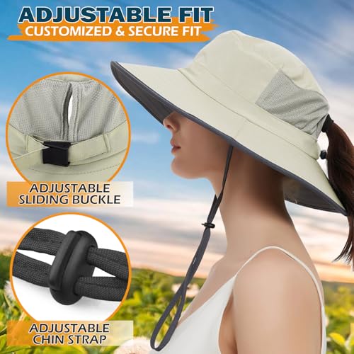 EINSKEY Women's Ponytail Sun Hat, Packable Wide Brim Large Head Bucket Hat for Fishing Hiking Gardening Safari Beach Pool