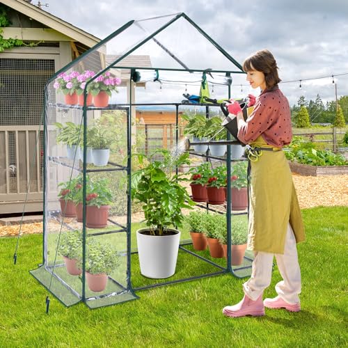 Ohuhu Small Greenhouse for Outdoors: 4 Tiers 6 Shelves Walk-in Indoor Green House Heavy Duty Plant Stands Reinforced Plastic PVC Cover Mini Portable Warm House for Outside, 4.8x2.5x6.4 FT