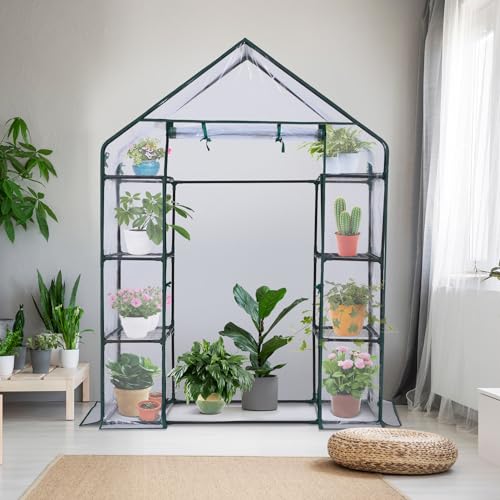 Ohuhu Small Greenhouse for Outdoors: 4 Tiers 6 Shelves Walk-in Indoor Green House Heavy Duty Plant Stands Reinforced Plastic PVC Cover Mini Portable Warm House for Outside, 4.8x2.5x6.4 FT