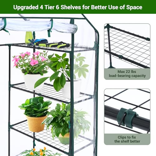 Ohuhu Small Greenhouse for Outdoors: 4 Tiers 6 Shelves Walk-in Indoor Green House Heavy Duty Plant Stands Reinforced Plastic PVC Cover Mini Portable Warm House for Outside, 4.8x2.5x6.4 FT