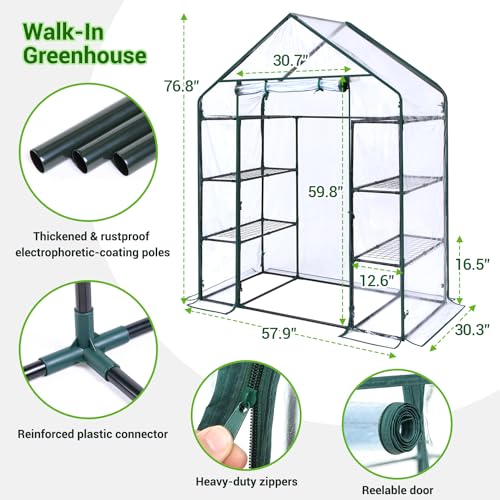 Ohuhu Small Greenhouse for Outdoors: 4 Tiers 6 Shelves Walk-in Indoor Green House Heavy Duty Plant Stands Reinforced Plastic PVC Cover Mini Portable Warm House for Outside, 4.8x2.5x6.4 FT