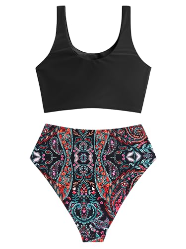 ZAFUL Women's High Waisted Tankini Scoop Neck Knotted Two Pieces Tankini Set Swimsuit