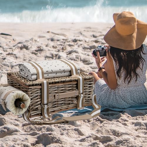 Picnic Basket Set for 4 with Insulated Liner and Waterproof Blanket Wine Pouch, Large Wicker Picnic Hamper for Camping,Outdoor,Valentine Day, Christmas for Couples, Cherry Coffee