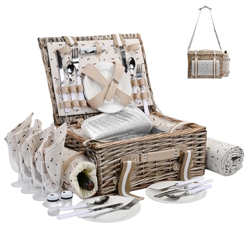 Picnic Basket Set for 4 with Insulated Liner and Waterproof Blanket Wine Pouch, Large Wicker Picnic Hamper for Camping,Outdoor,Valentine Day, Christmas for Couples, Cherry Coffee