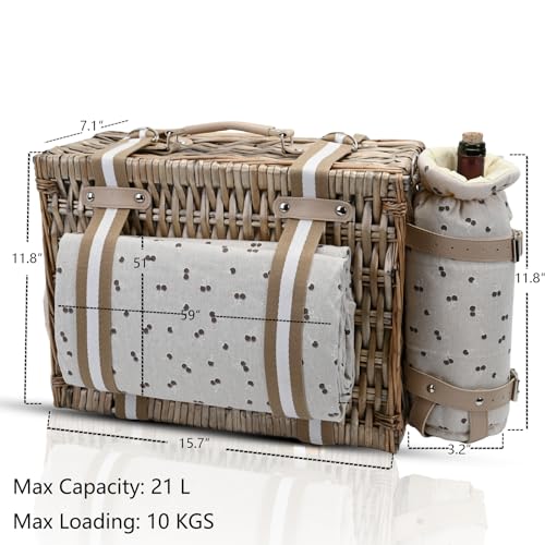 Picnic Basket Set for 4 with Insulated Liner and Waterproof Blanket Wine Pouch, Large Wicker Picnic Hamper for Camping,Outdoor,Valentine Day, Christmas for Couples, Cherry Coffee