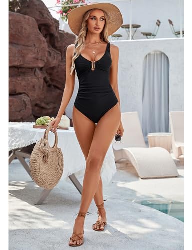 BMJL Women's Tummy Control Swimsuits Ruched Slimming One Piece Bathing Suit Deep V Neck Swimsuit