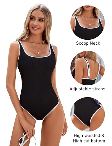 BMJL Women's One Piece Swimsuit Sports Adjustable Strap Bathing Suit Color Block Ribbed High Cut Swimsuits