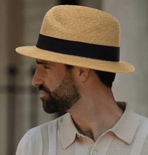 Straw Fedora-Sun-Hats for Women Men Summer Short Brim Roll Up Trilby Hat Packable Panama-Jazz Beach Hat