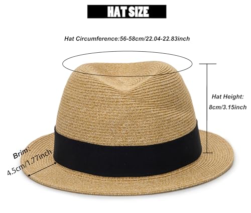 Straw Fedora-Sun-Hats for Women Men Summer Short Brim Roll Up Trilby Hat Packable Panama-Jazz Beach Hat