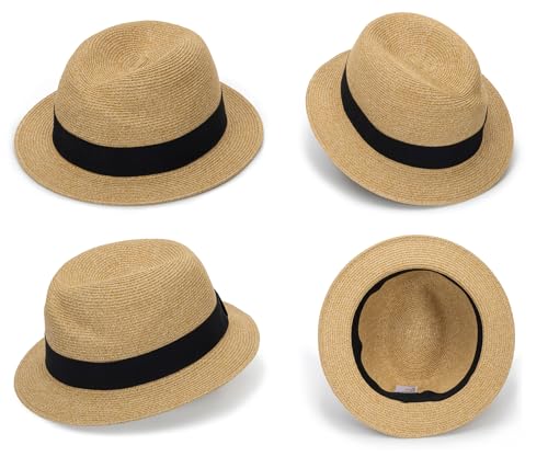 Straw Fedora-Sun-Hats for Women Men Summer Short Brim Roll Up Trilby Hat Packable Panama-Jazz Beach Hat