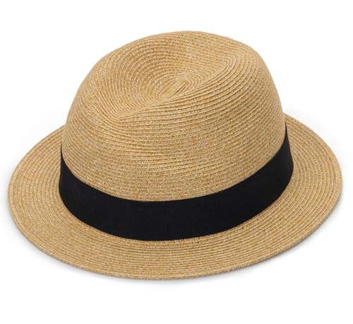 Straw Fedora-Sun-Hats for Women Men Summer Short Brim Roll Up Trilby Hat Packable Panama-Jazz Beach Hat